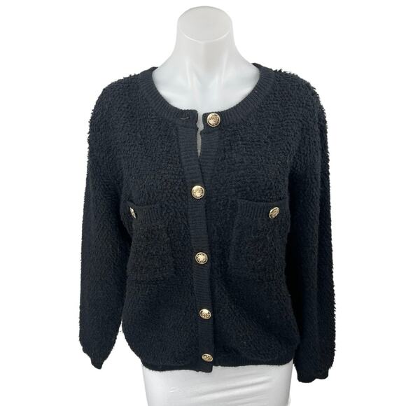Line & Dot Khloe Black Fleece Fuzzy Boucle Button Down Cardigan Sweater Top Sz S - Picture 2 of 6